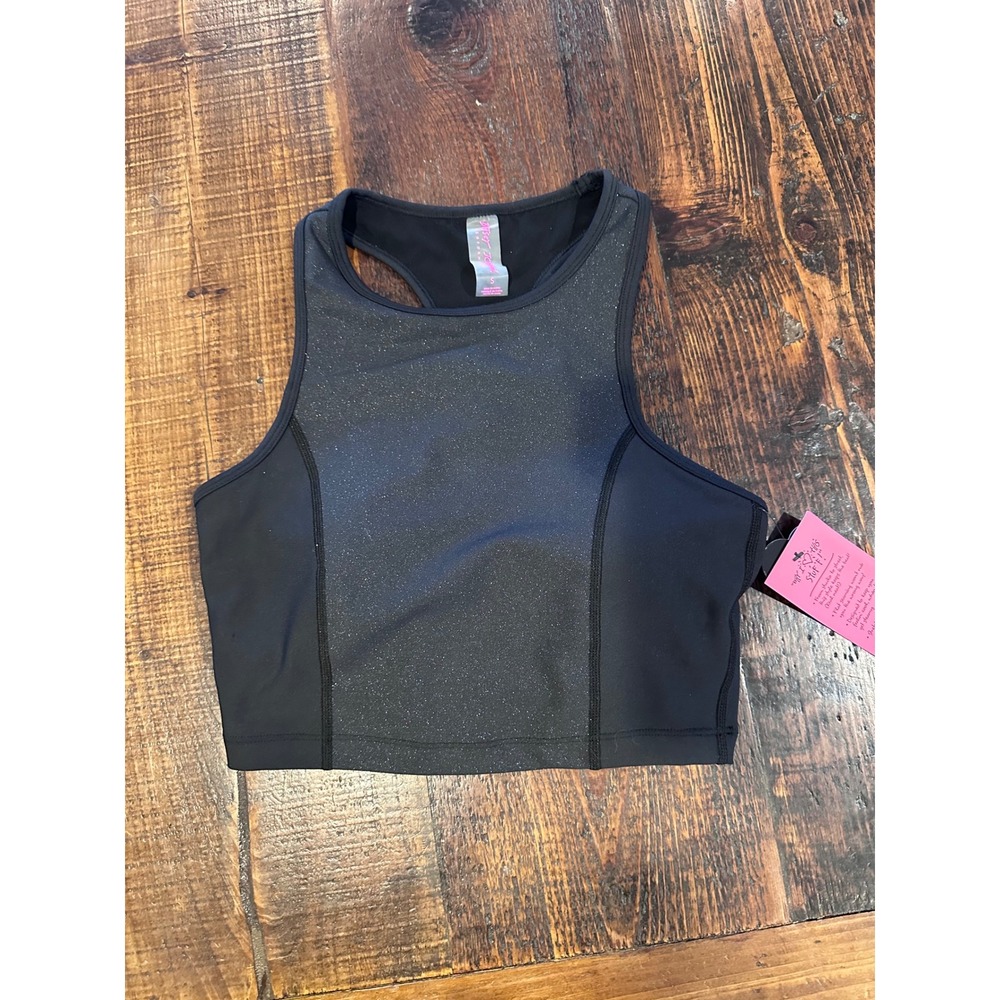 Betsey Johnson Performance Black Glitter Shimmer Racerback Sports Bra‎ Small NWT